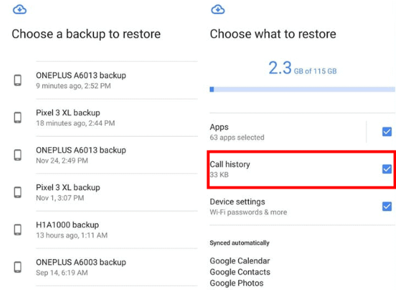 How to recover deleted call logs from google backup