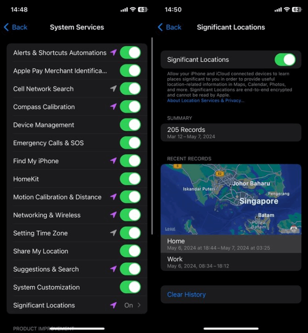 How to see past locations in iphone settings